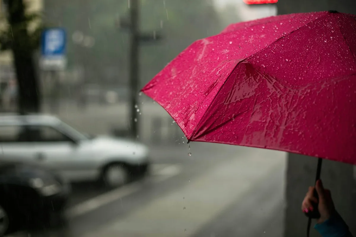 Person holding an umbrella in heavy rain, symbolising protection against severe weather events