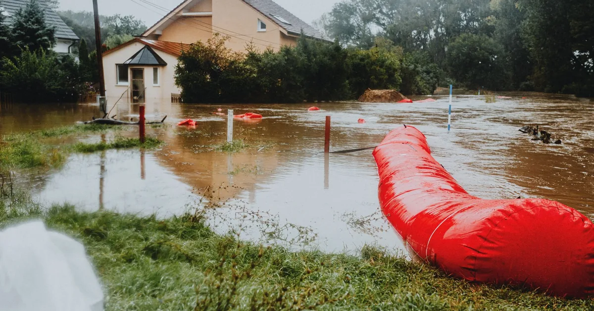 Flood water surrounding a residential area after heavy rain