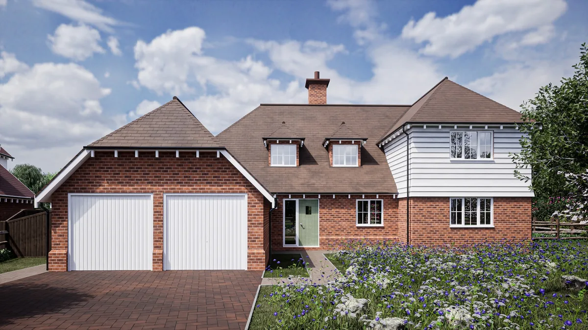 A modern brick family home in the UK with a well-maintained lawn and double-glazed windows, showcasing home security.