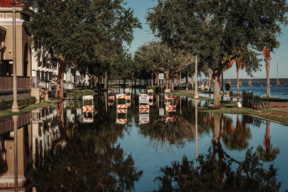 A street in Florida flooded by high water during a hurricane storm surge