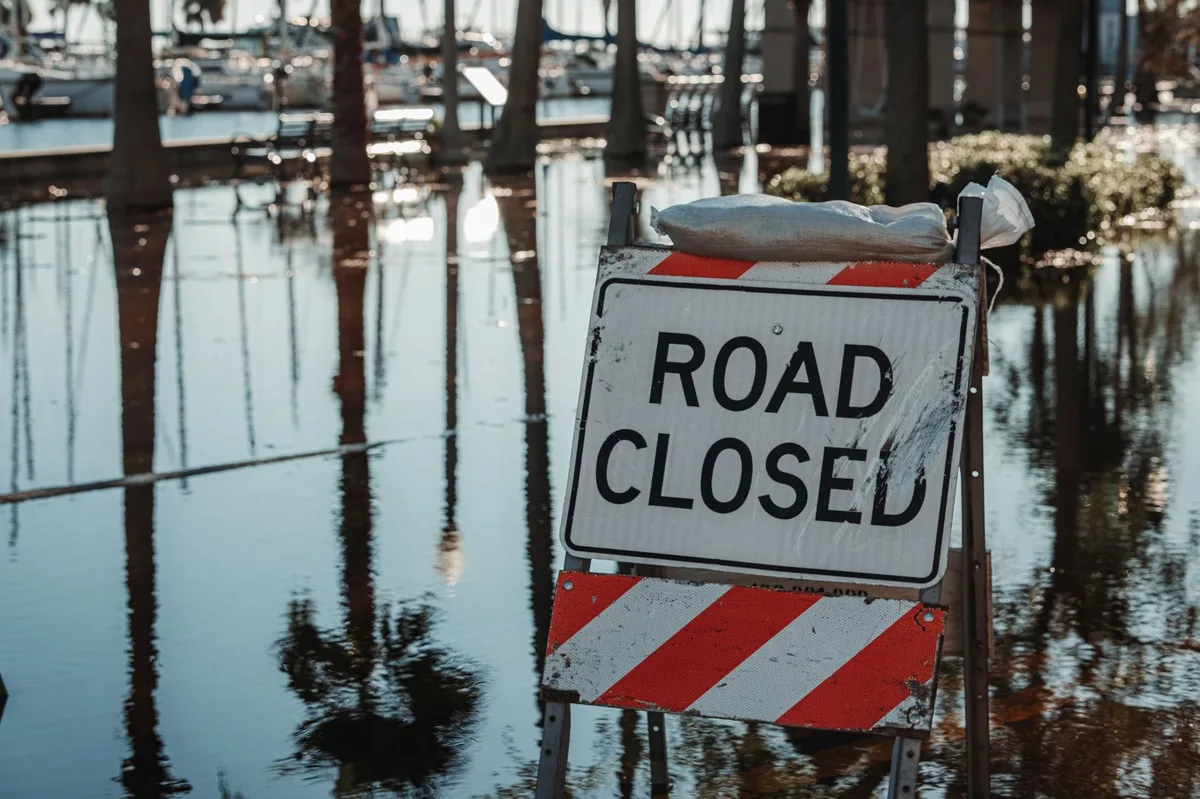 Flooded street with water covering the road during severe weather