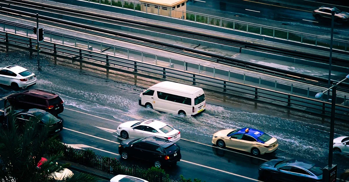 Floodwater covering a residential area after heavy rain.